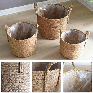 Détails paille naturelle tissage cache-pot panier