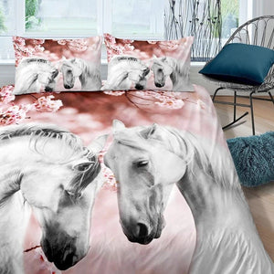 Parure de lit cheval motif Duo tendresse rose