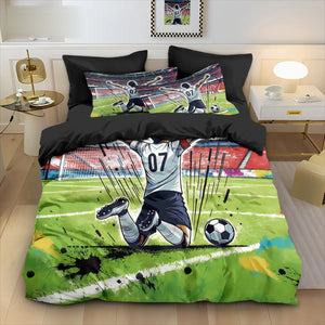 Parure de lit football joueur de stade numéro 07 sur pelouse verte dans une chambre moderne