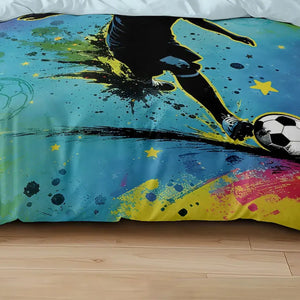 Gros plan du motif football silhouette de joueur et ballon sur la housse de couette