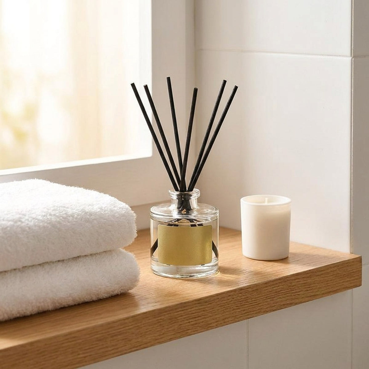 Diffuseur à bâtonnets aromatiques 50 ml posé sur une étagère de salle de bain