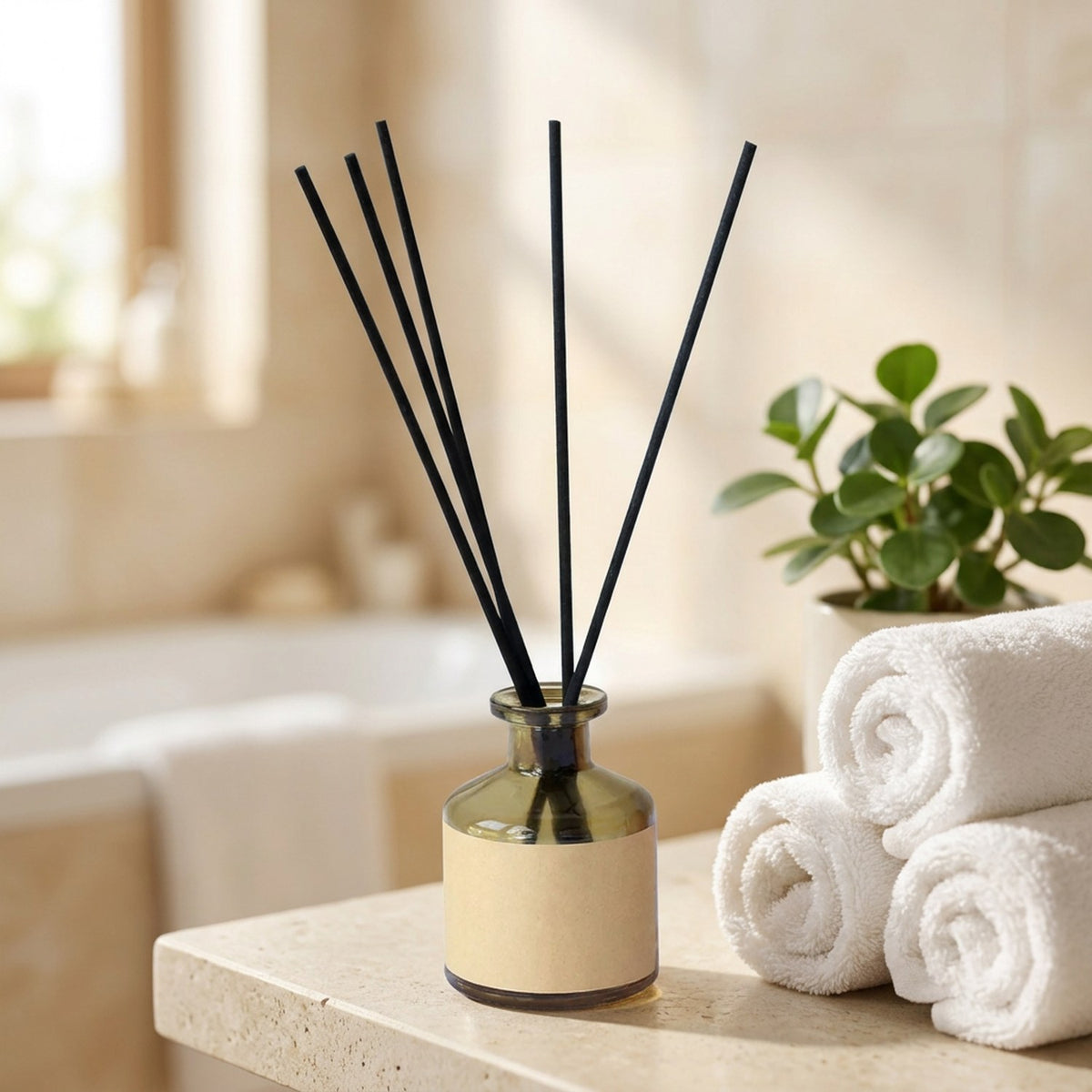 Diffuseur de parfum à bâtonnets sur une étagère de salle de bain avec serviettes roulées