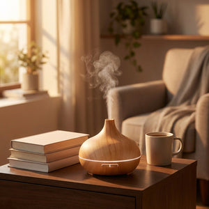 Diffuseur d'aromathérapie sur bureau en bois avec livres et tasse céramique, lumière dorée de soirée