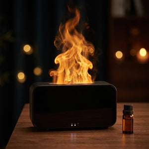 Diffuseur arôme flamme LED 7 couleurs 120 ml sur bois foncé ambiance soirée