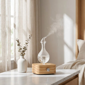 Diffuseur nébuliseur bois verre sur surface marbre près d'une fenêtre avec eucalyptus