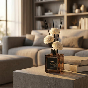 Diffuseur de roseaux parfumé salon moderne table béton lumière dorée
