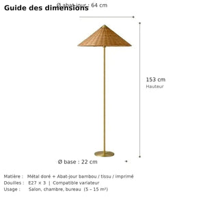 Guide des dimensions lampadaire : hauteur 153 cm abat-jour 64 cm base 22 cm