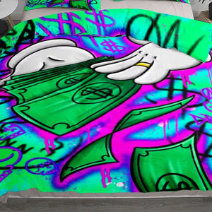 Parure de lit graffiti New York au motif billets cartoon vert et violet sur un lit fait