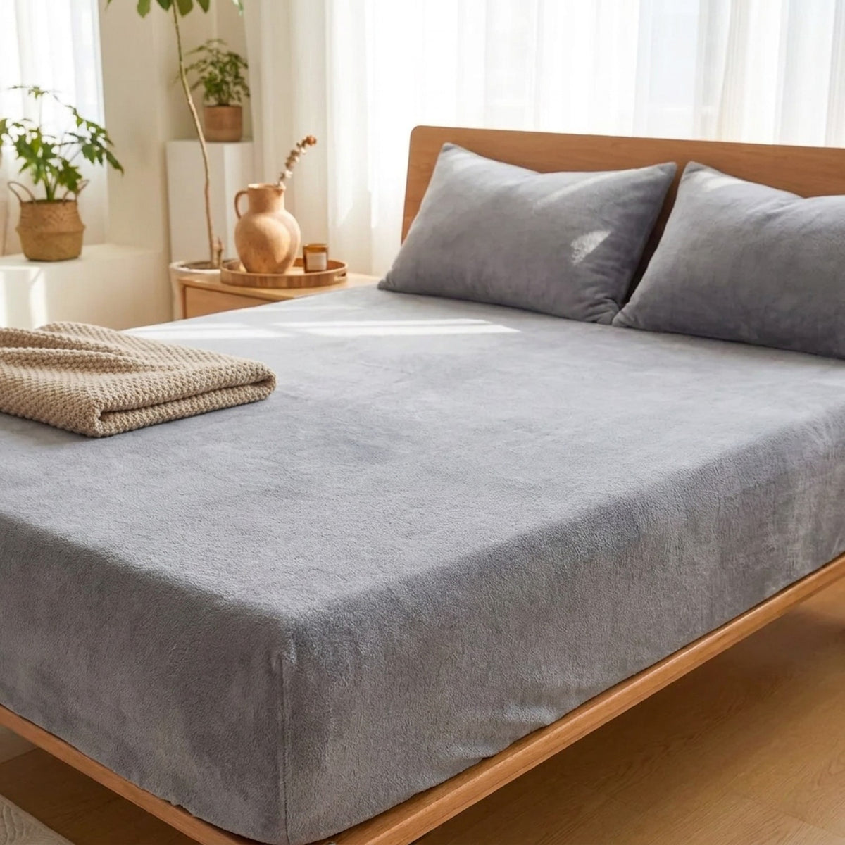 Drap-housse en flanelle gris sur un lit dans une chambre chaleureuse et lumineuse