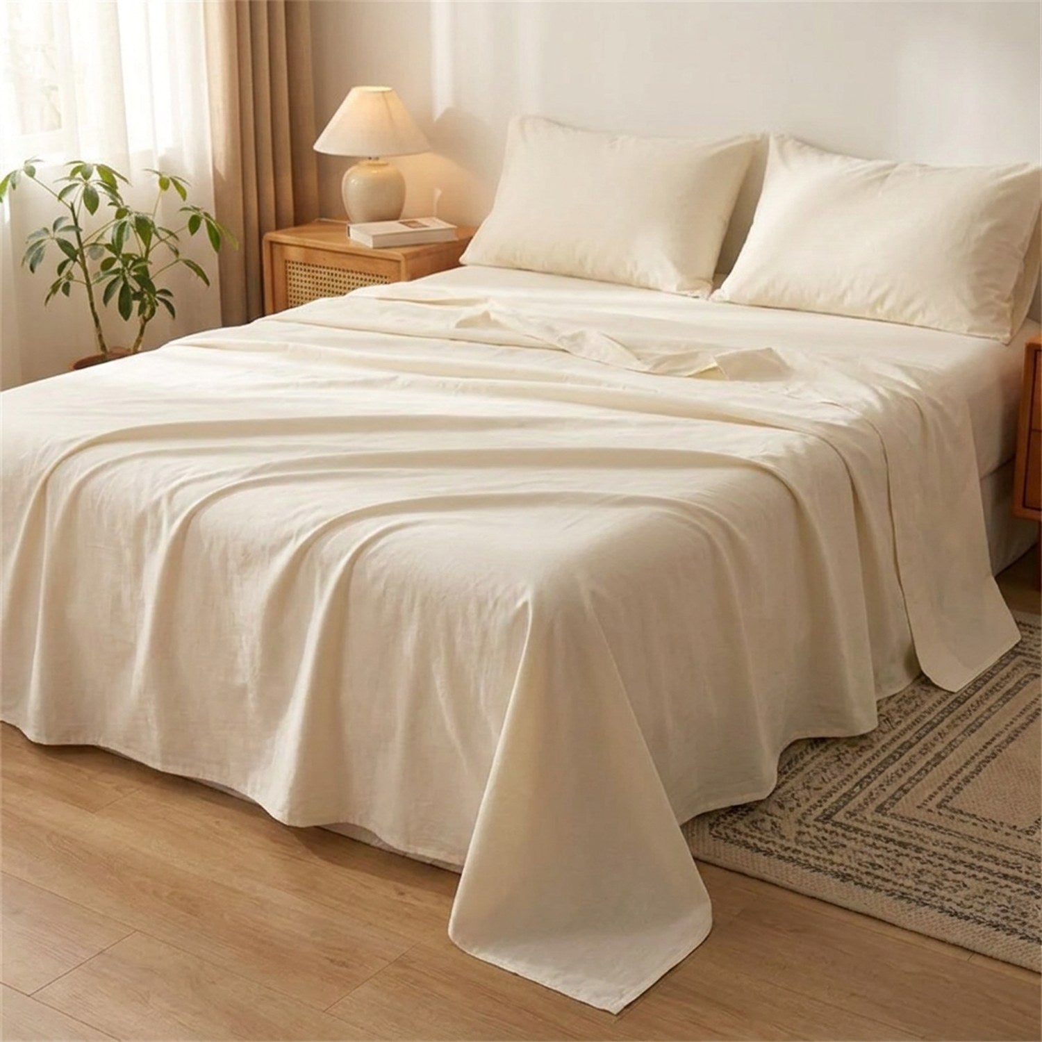 Drap plat en coton crème sur un grand lit dans une chambre chaleureuse avec plante