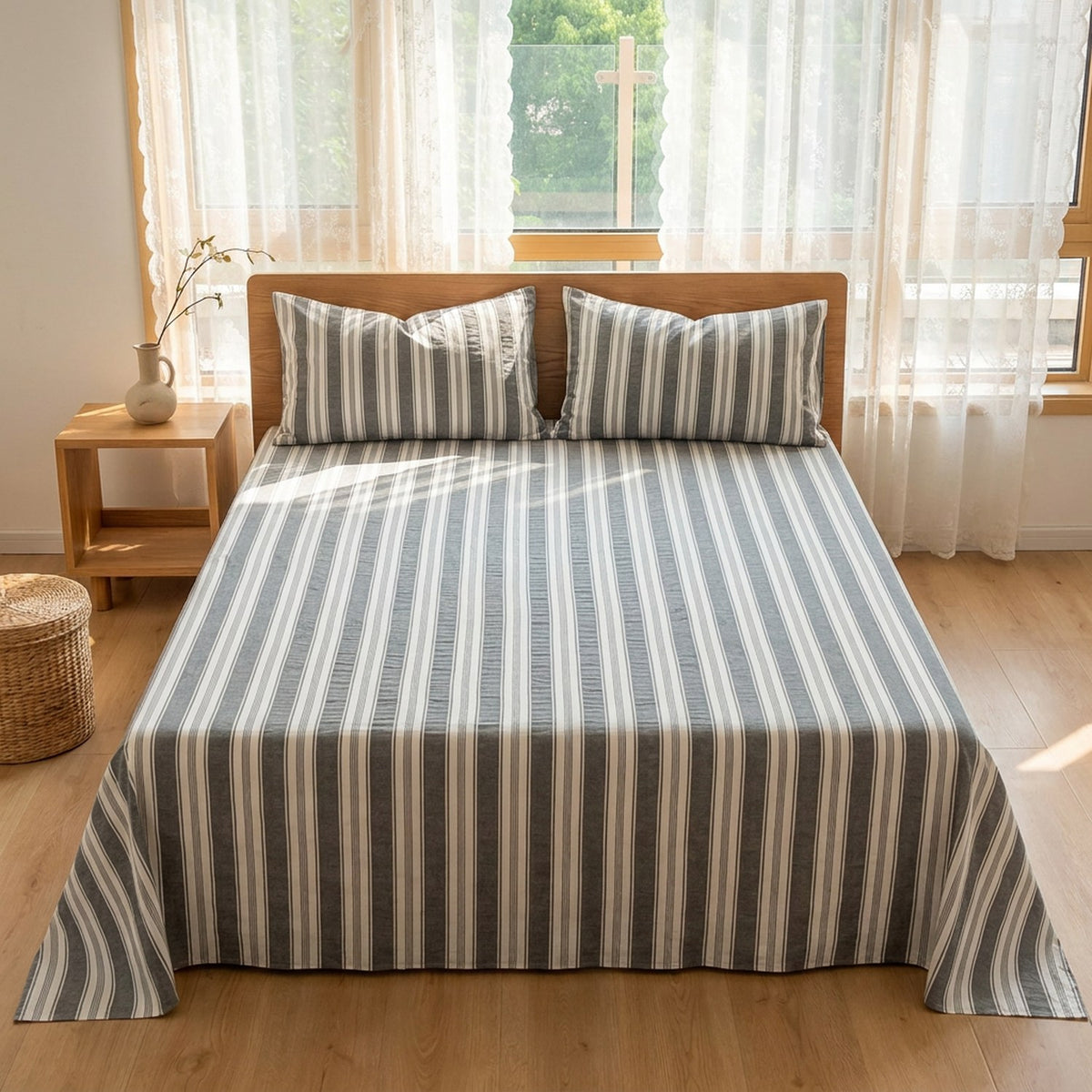 Drap plat gris rayé en coton fait sur un grand lit dans une chambre lumineuse avec fenêtre