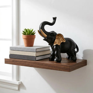 Figurine éléphant porte-bonheur sur étagère flottante en bois avec livres et plante verte