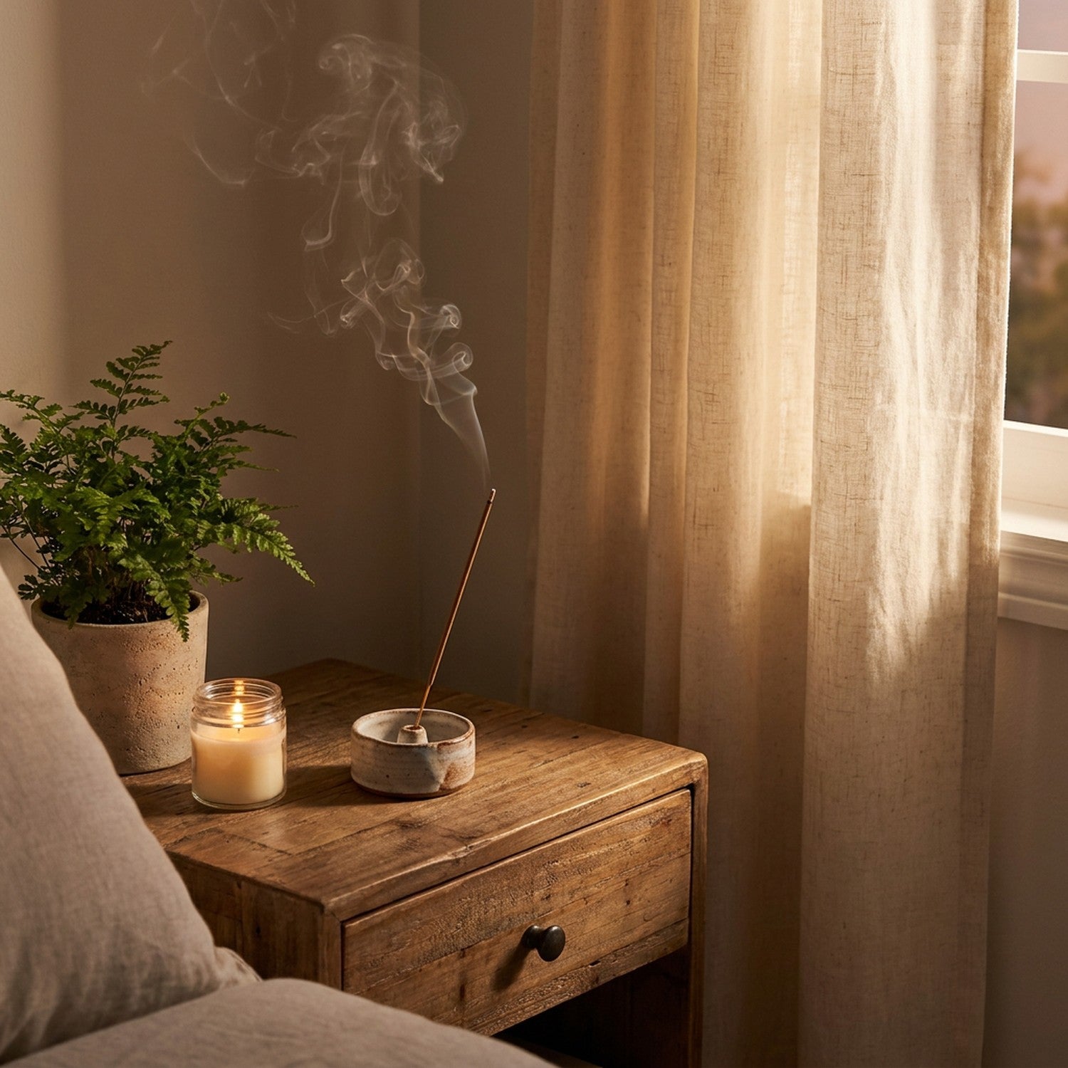 Bâtons d'encens sur une table de chevet dans une chambre cosy