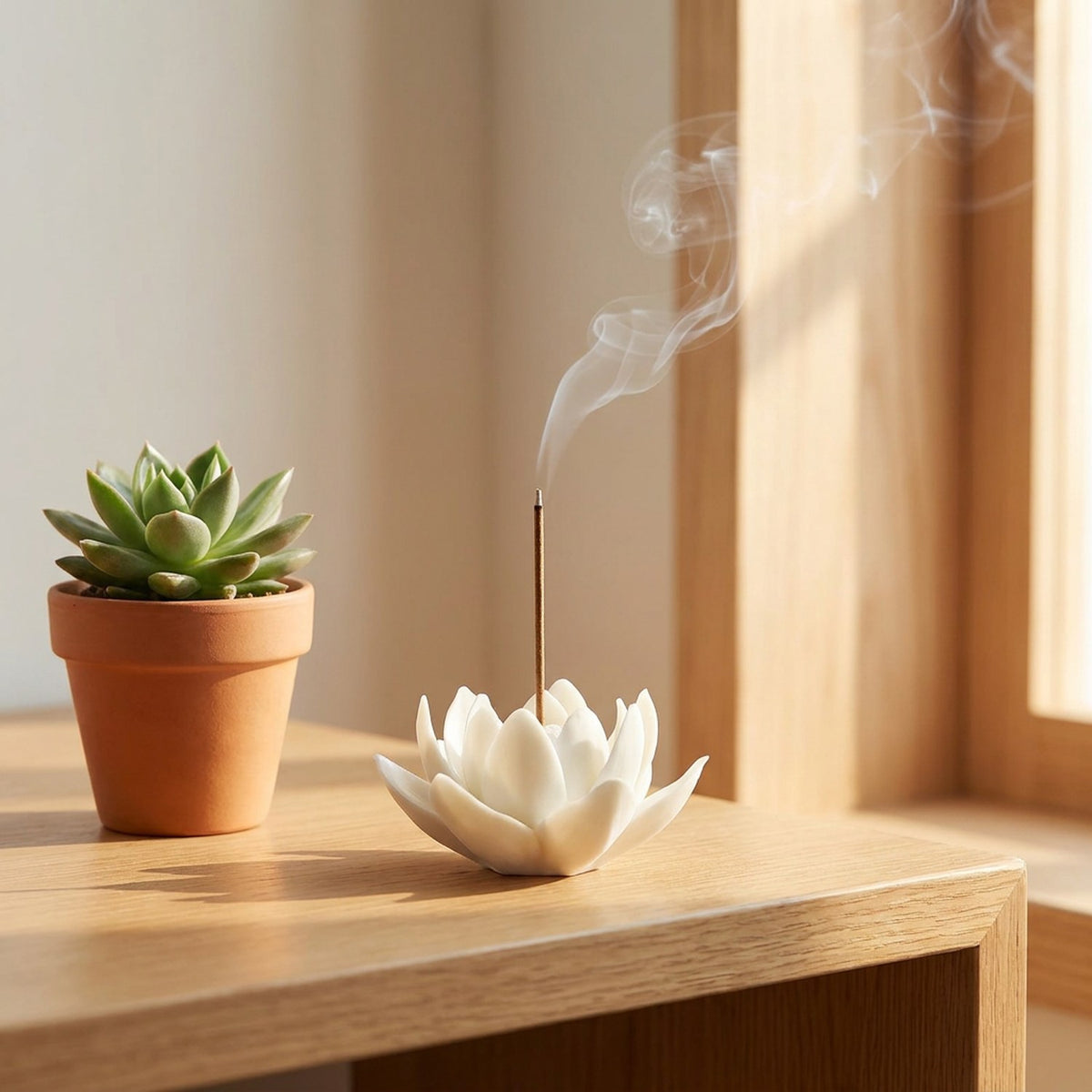 Brûleur d'encens lotus blanc sur bureau en bois avec plante verte