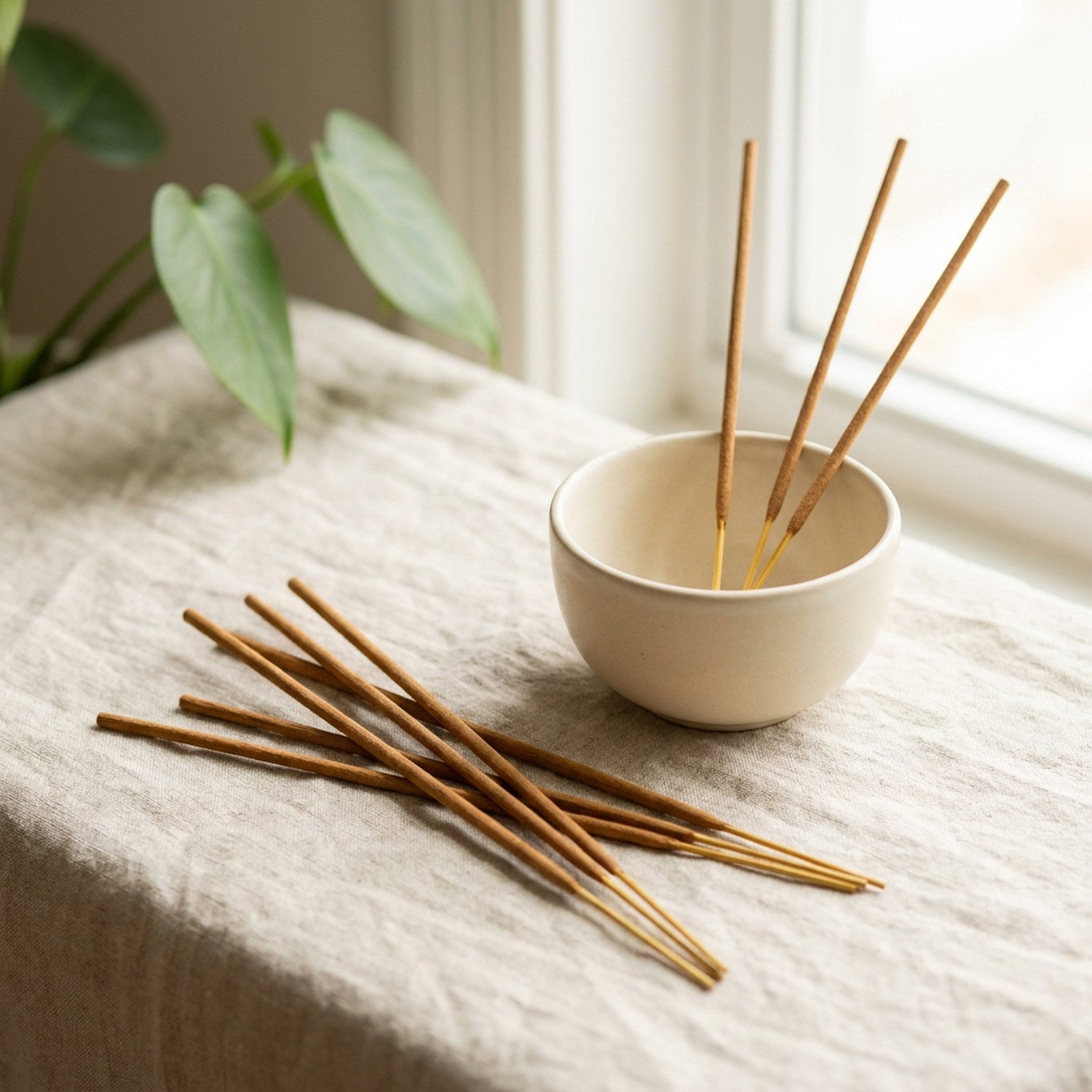 Bâtons d'encens Palo Santo sur surface en lin près d'une fenêtre avec bol en céramique