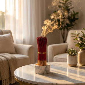 Bâtonnets d'encens sang de dragon rouge sur table en marbre dans un salon golden hour