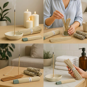 Collage lifestyle bâtonnets d'encens sauge en différentes scènes d'utilisation