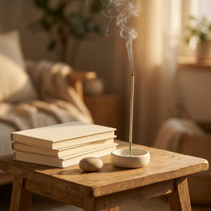 Bâtonnets d'encens sauge brûlant dans un porte-encens en céramique sur une table en bois lumière dorée
