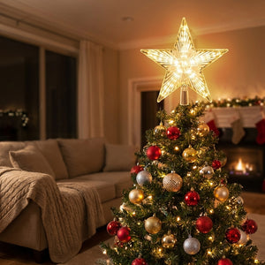 Étoile LED brillante au sommet d un sapin dans un salon chaleureux