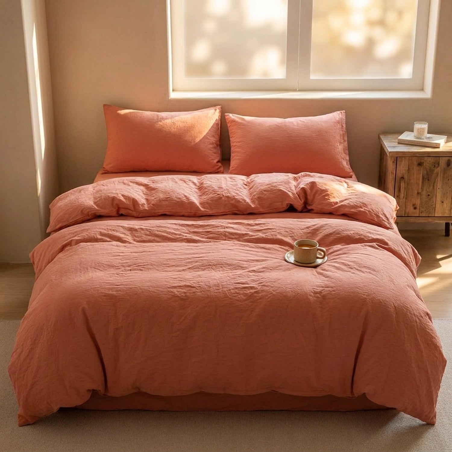 Parure de lit unie terracota posée sur un lit dans une chambre chaleureuse ensoleillée