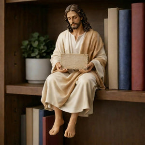 Statue de Jésus assis sur une étagère de bibliothèque avec des livres et une plante