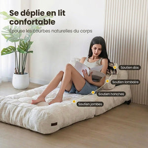 Chaise convertible dépliée en lit avec schéma des zones de soutien du corps