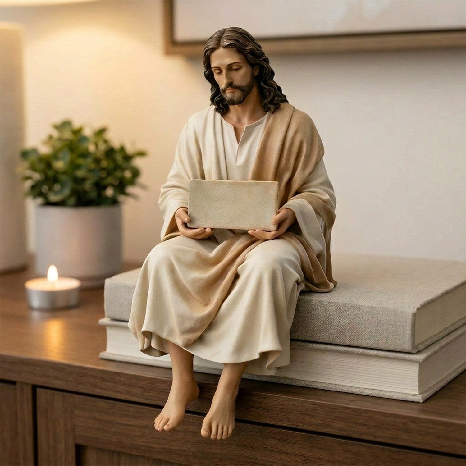 Statue de Jésus assis sur une pile de livres avec une bougie et une plante