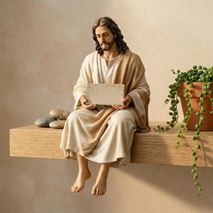 Statue de Jésus assis au bord d'une étagère en chêne avec une plante retombante