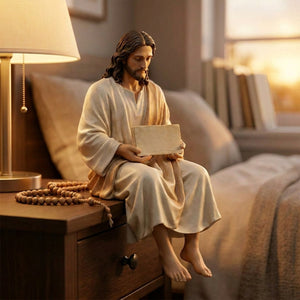 Statue de Jésus assis sur une table de chevet près d'une lampe chaleureuse