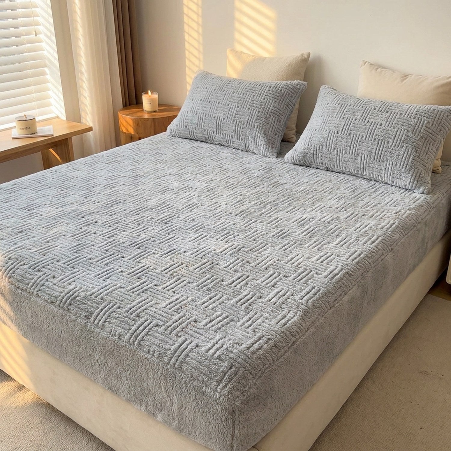 Drap-housse gris et taies assorties en peluche gaufrée sur un grand lit lumineux