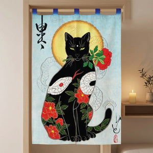 Rideau de porte motif chat noir et pivoines, variante