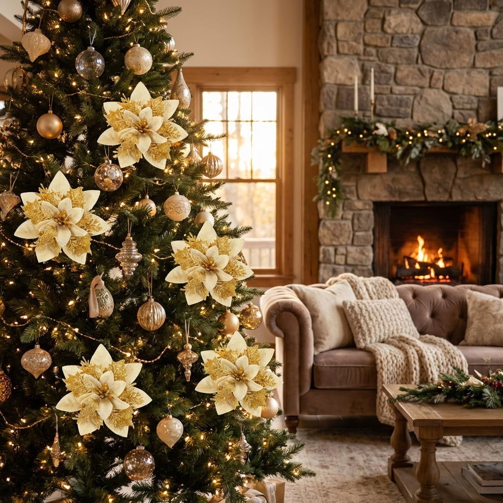 Sapin de Noël décoré de fleurs poinsettia dorées dans un salon avec cheminée en pierre