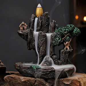 Fontaine à encens modèle Arbre avec pins et pagode en résine