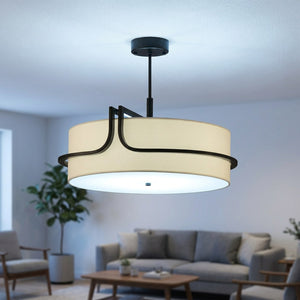 Lustre en tissu crème avec lumière blanche froide allumée