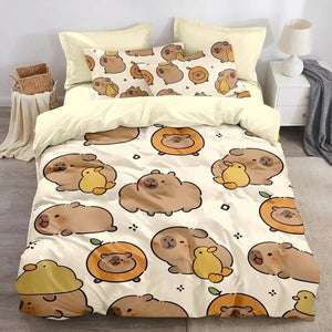 Parure de lit capybara imprimé dessin animé modèle canard posée sur un lit