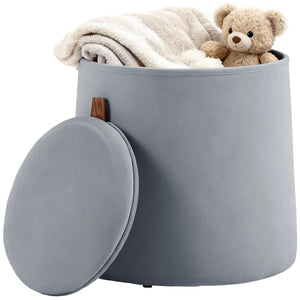Pouf coffre de rangement gris avec couvercle amovible et jouets rangés à l'intérieur