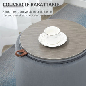 Couvercle rabattable du pouf coffre utilisé comme plateau avec tasse