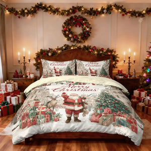 Housse de couette Père Noël installée sur un lit dans une chambre décorée pour Noël