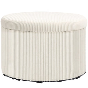 Pouf coffre de rangement rond en velours côtelé beige vu de face