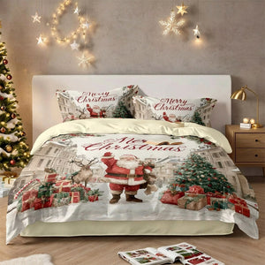 Parure de lit Père Noël avec taies assorties dans une chambre chaleureuse aux lumières de Noël