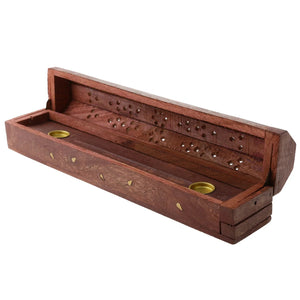 Porte-encens bois sculpté vue de dessus motif gravé