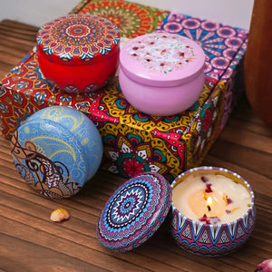 Coffret 4 bougies mandala artisanales sur plateau bois