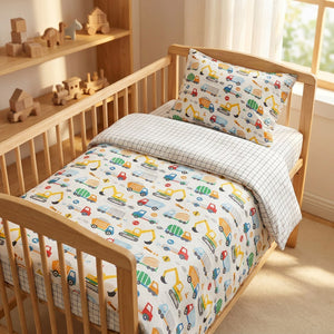 Parure de lit bébé camions de chantier dans une chambre enfant chaleureuse