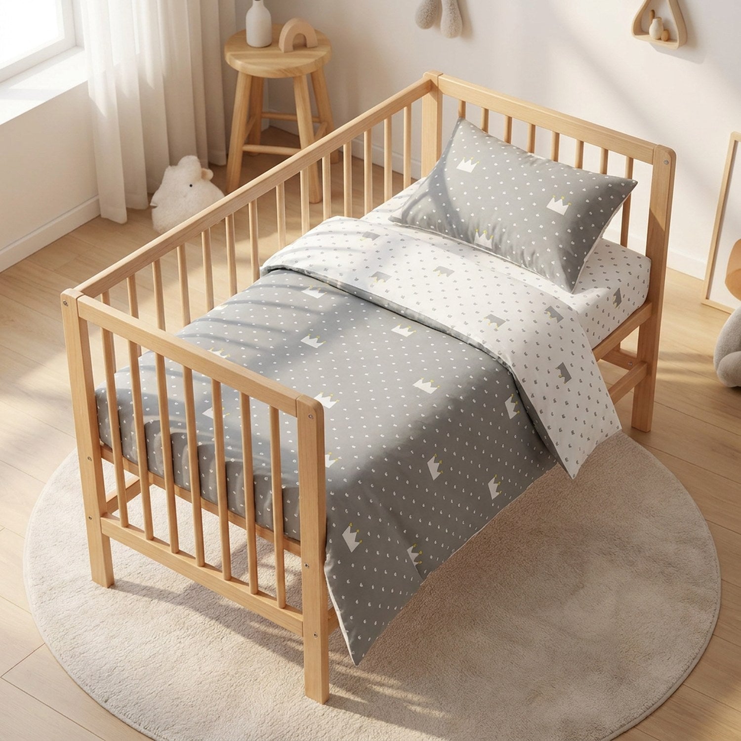Parure de lit bébé couronne grise dans un petit lit minimaliste