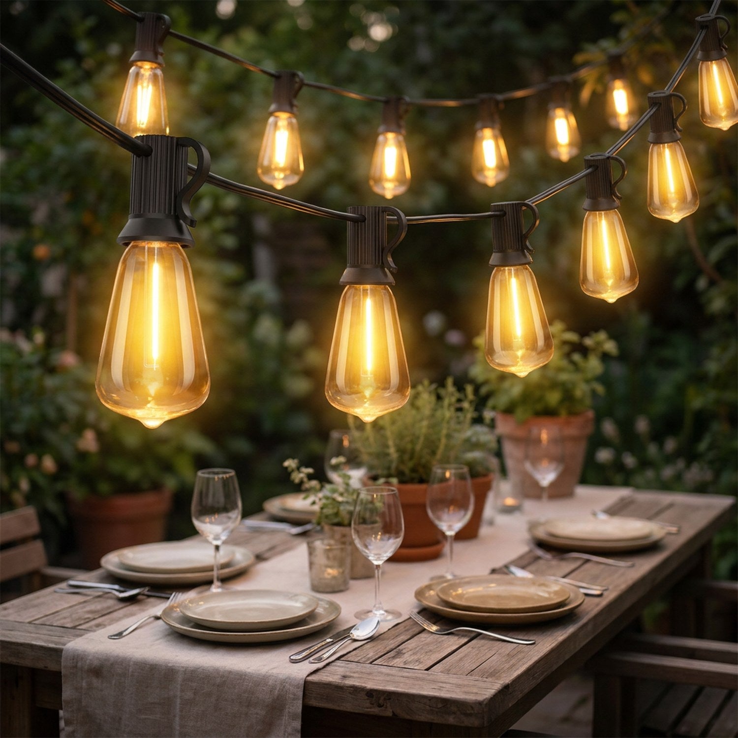 Guirlande lumineuse allumée au-dessus d'une table de jardin dressée pour un dîner
