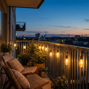 Guirlande lumineuse solaire le long d'une rambarde de balcon au crépuscule