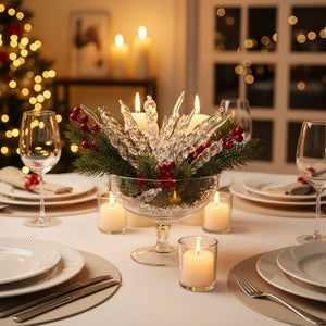 Centre de table de Noël avec glaçons transparents torsadés dans un vase en verre entouré de bougies et branches de sapin