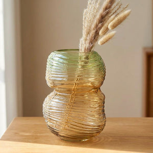 Vase gourde 25cm double renflement en verre dégradé vert ambré