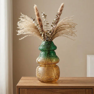Vase gourde 33cm triple renflement en verre dégradé vert ambré branches pampas