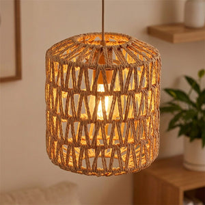 Abat-jour suspension modèle grand tambour en fibre tressée beige aspect rotin